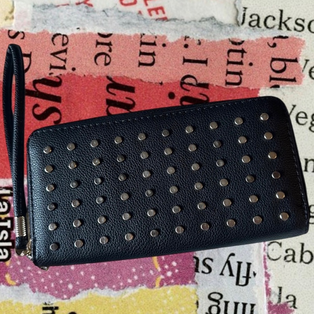 Rebecca & Rifka Black Studded Zip Around Wristlet Wallet